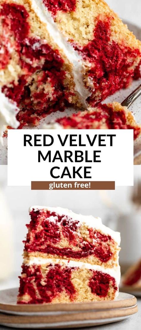 This gluten free red velvet marble cake is easy to make and perfect to impress your friends an family. This gluten free cake has swirls of vanilla cake and red velvet cake and is fluffy, moist and tender. Topped with a dairy free cream cheese frosting, this is the perfect gluten free dessert. Red Velvet Marble Cake, Gluten Free Red Velvet Cake, Gluten Free Red Velvet, Dairy Free Cream Cheese Frosting, Gluten Free Vanilla Cake, Gluten Free Dessert, Winter Baking, Dairy Free Cream Cheese, Grain Free Desserts