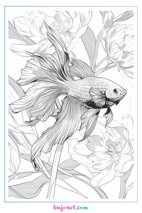 Beta Fish Sketch, Betta Illustration, Betta Fish Drawing, Drawings Of Fish, Beta Fish Drawing, Fish Pattern Design, Bujo Art, Fish Sketch, Fish Coloring