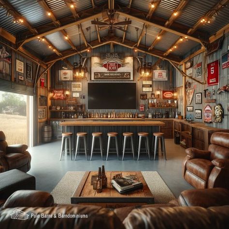 Man Cave In Shop, Bar Garage Ideas, Pole Barn Bar Ideas, Man Cave Shop Ideas, Barndominium Bar, Pole Barn Man Cave Ideas, Pool Barndominium, Vintage Garage Decor, Simple Barndominium Ideas Interiors