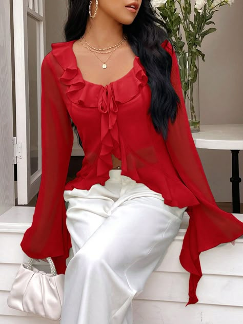 Red Sexy Collar Extra-Long Sleeve Woven Fabric Plain Top Embellished Non-Stretch  Women Clothing Corporate Wears, Red Ruffle Top, Swag Outfits For Girls, Ruffle Long Sleeve, Extra Long Sleeves, Plain Tops, Women Blouses, Blouse Outfit, Red Shirt