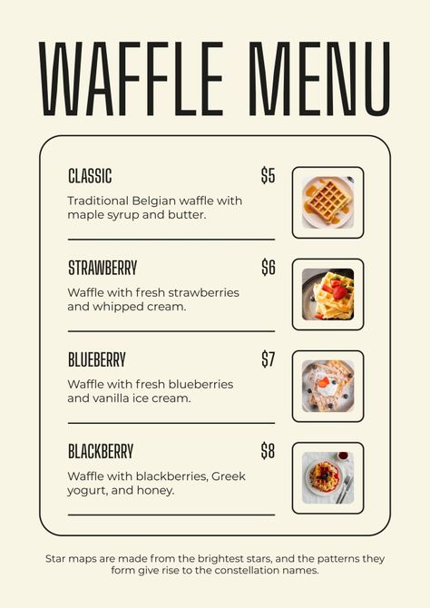 Modern Minimalist Waffle Corner Menu Waffles Menu Design, Waffle Menu Ideas, Waffle Menu Design, Croffle Menu, Belgian Waffles, Brand Kit, Menu Template, Fresh Strawberry, Vanilla Ice Cream