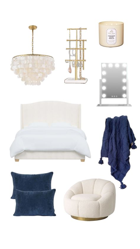 White Bedroom With Navy Accents, Blue And Gold Room Ideas, Navy White And Gold Bedroom, Stockholm Room Inspo Bedroom, Navy Blue Bedroom Aesthetic, Teen Girl Bedroom Ideas Aesthetic, Room Shuffles, Navy And White Bedroom, Navy Room Decor