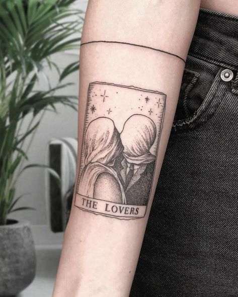 The Lovers Rene Magritte Tattoo, Love Is Art Tattoo, The Lovers Painting Tattoo, The Lovers Tattoo Ideas, Tarot Lovers Tattoo, Two Lovers Tattoo, Tarot Tattoo The Lovers, The Lovers Card Tattoo, The Lovers Rene Magritte