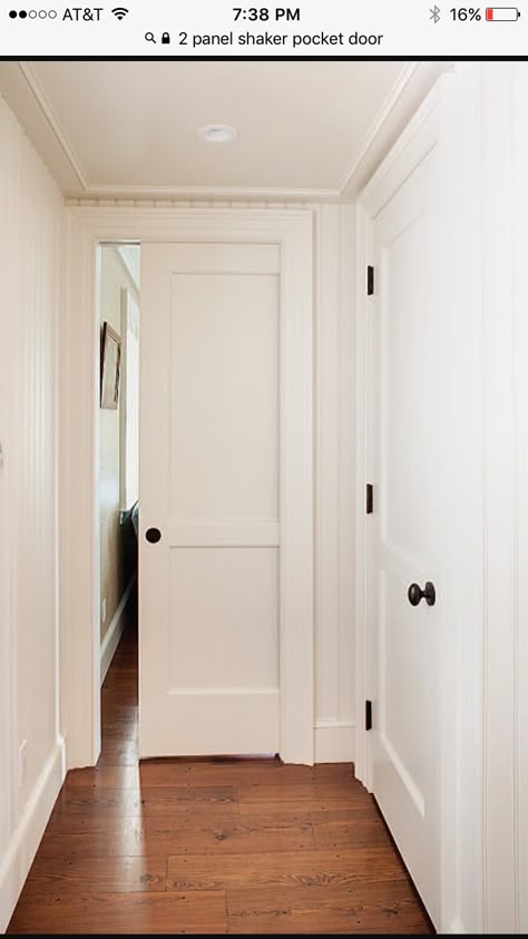 Pocket Doors Hallway, Hallway Pocket Door Ideas, Shaker Three Panel Door, 2 Panel Shaker Interior Door Trim, Interior Doors Without Molding, Shaker Style Pocket Door, Pocket Door Styles, Cool Pocket Doors, Pocket Door Hallway