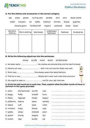 ESL Clothes Vocabulary Worksheet - Reading, Categorizing and Writing Exercises - Pre-intermediate (A2) - 20 minutes This clothes worksheet can be used to practice clothes vocabulary and adjectives related to clothing, fashion and appearance. Esl Clothes, Clothes Worksheet, Hello English, Practice Clothes, Adjective Worksheet, Vocabulary Exercises, Ordinal Numbers, Esl Activities, Esl Resources