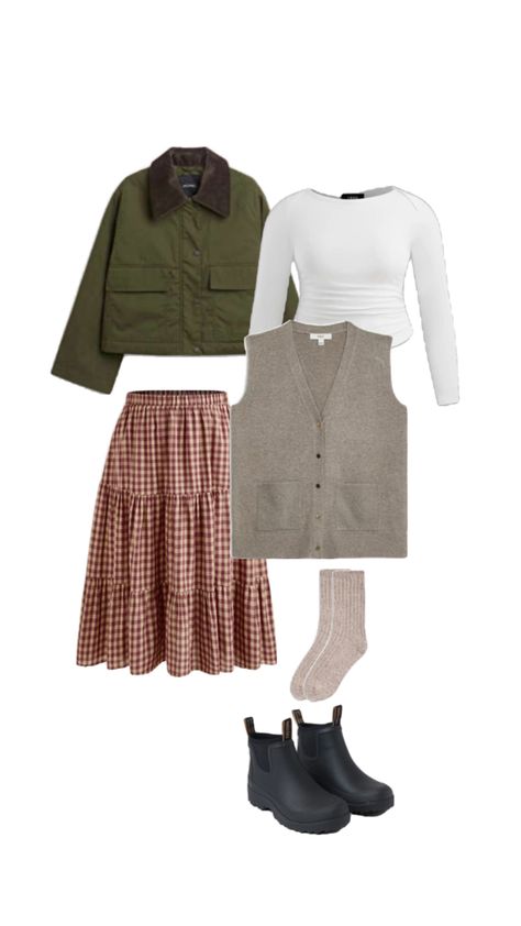 Gingham pattern skirt, knitted vest, white basic long T-shirt, rubber boots with chunky socks and a cord jacket Skirt Boots, Cosy Autumn, Gingham Skirt, Gingham, Walking, Skirt, Boots, Quick Saves