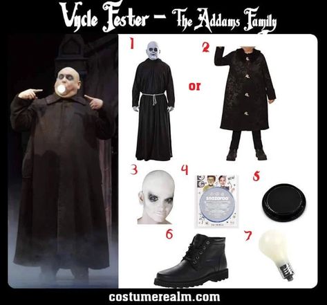 Dress Like Uncle Fester From The Addams Family, DIY Uncle Fester Costume, Cosplay, Halloween Costume, Fancy Dress, Outfis Guide Uncle Fester Costume Diy, Fester Addams Costume, Fester Costume, Uncle Fester Costume, Addams Family Uncle Fester, Adams Family Costume, Fester Addams, Addams Family Musical, Uncle Fester