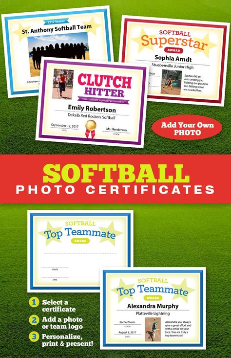 Softball Photo Certificates — Now you can add a player's photo or a coach's photo to create a great keepsake for your softball team. Simple to use and the results look fantastic. Perfect for softball coaches, softball moms, softball team parents and more. A great addion to a softball team banquet or softball party. Put a smile on a softball player's face with these fun award certificates. Softball Banquet, Softball Awards, Softball Camp, Softball Teams, Softball Practice, Softball Photos, Youth Softball, Fun Awards, Softball Party