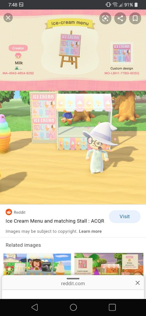 Acnh Ice Cream Menu Design, Acnh Ice Cream Design, Ice Cream Acnh Code, Ice Cream Stall Design Animal Crossing, Ice Cream Stall Acnh, Animal Crossing Design Codes Carnival, Animal Crossing Shop Design, Acnh Juice Bar Code, Ice Cream Shop Acnh Design