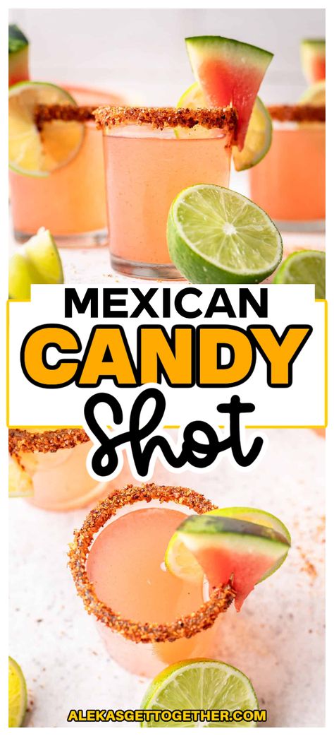 This Mexican Candy Shot is the perfect blend of sweet and spicy! It's a take on Mexican candies which are both sweet and spicy! This fun shot is made with watermelon pucker, tequila, and a dash of hot sauce and spices, with flavors that are sure to excite your tongue. Mexican Candy Shots, Mexican Candies, Candy Shots, Fun Drink Recipe, Mexican Candy, Non Alcoholic Cocktails, Halloween Cocktails, Shot Recipes, Jello Shots