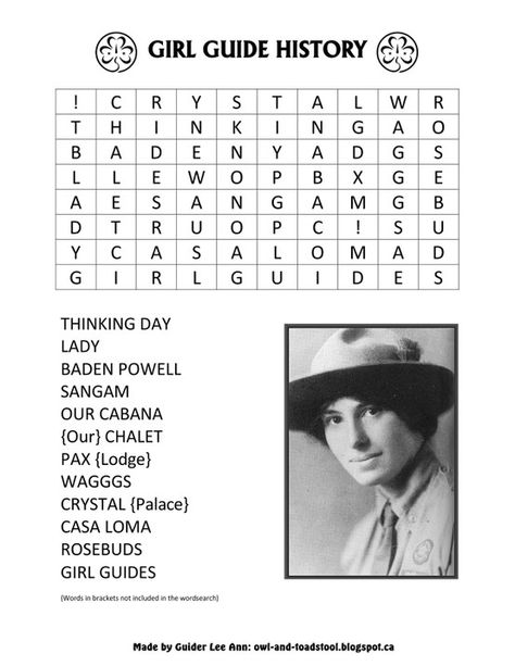 Girl Guide History wordsearch  http://owl-and-toadstool.blogspot.ca/2013/03/wordsearch-puzzles.html Camping Brownies, Thinking Day Girlguiding, Brownies Girl Guides, Brownies Ideas, Brownies Activities, Girl Scouts History, Brownie Guides, Brownie Badges, Brownie Scouts