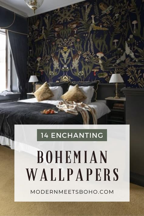 Create a cohesive boho look in your home with these 14 enchanting bohemian wallpapers that capture the essence of bohemian chic. Spice up your space with these stunning boho style wallpapers that will leave you feeling inspired. Tap to explore 14 great boho wallpaper ideas! Bohemian Bathroom Wallpaper, Dramatic Wallpaper Bedroom, Small House Wallpaper, Wallpaper In Bedroom Ideas, Wallpaper Backgrounds Bedroom, Boho Statement Wall, Dark Boho Wallpaper, Moody Boho Wallpaper, Peel And Stick Wall Papering Ideas