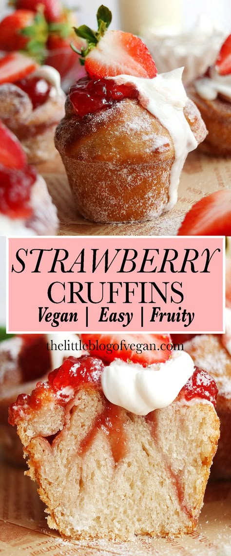 Strawberry And Cream Cruffins, Strawberry Cruffins, Cafe Recipes Food, Gluten Free Vegan Meals, Cruffin Recipe, Vegan Cakes, Vegan Dessert Recipes, Vegan Treats, Vegan Cake