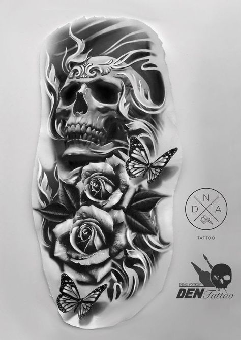 Hand Tattoo Stencils For Men, Skull Tattoo Flowers, Dna Tattoo, Evil Skull Tattoo, Skull Rose Tattoos, Skull Girl Tattoo, Skull Sleeve Tattoos, Skull Sleeve, Sketch Tattoo