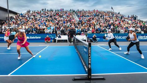 Four female pickleball athletes playing against each other in a tournament on an outdoor pickleball court during the day. Good Times Roll, Pickleball, Game Changer, Hot Topic, Good Times, You Changed, Diving, Paradise