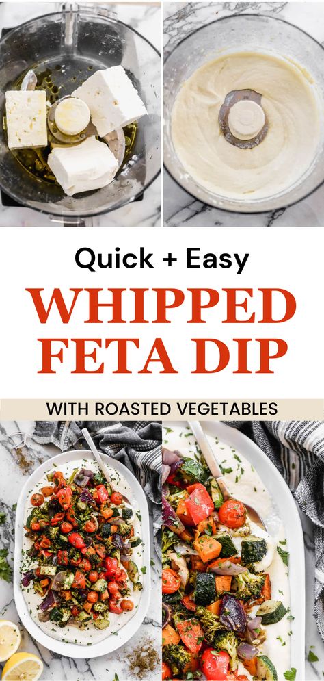 A bowl of creamy whipped feta dip surrounded by roasted vegetables, perfect for an appetizer. Easy Whipped Feta, Feta Appetizer, Whipped Feta Dip, Simple Appetizer, Feta Recipes, Appetizers For A Crowd, Feta Dip, Whipped Feta, Pita Chips