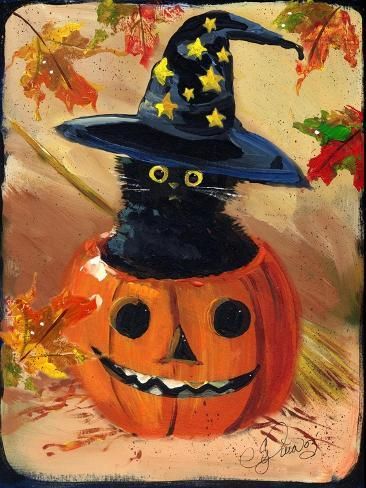 size: 12x9in Art Print: Black Cat in Jack O Lantern by sylvia pimental : Persian Kitten, Lantern Art, Black Witch Hat, Pumpkin Cat, Persian Kittens, Halloween Witch Hat, Black Cat Art, Halloween Painting, Art Print Display