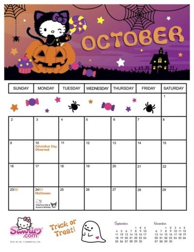 Halloween Calendar Ideas, Halloween October Calendar, Hello Kitty Calendar, Halloween Calendar, Diy Hello Kitty, Note Templates, Room Things, Tracker Ideas, October Calendar