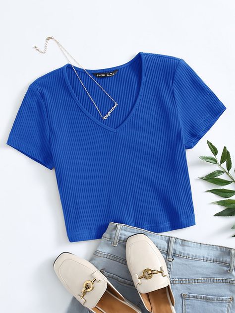 Royal Blue Top, Rib Knit Top, Casual Cap, Blue Crop Tops, Women T Shirts, Girls Fashion Clothes, Knit Tees, Cute Casual Outfits, Fashion Online Shop