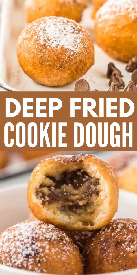 Deep Fried Brownie Bites, Fried Cookie Dough Bites, Fried Deserts, Deep Fried Cookie Dough, Cake Bites Recipe, Fried Cookie Dough, Fried Desserts, Homemade Cookie Dough, Deep Fried Recipes