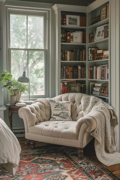 Corner Bedroom Bookshelves, Corner Window Reading Nook, Library Living Room Ideas Cozy, Corner Bookshelf Bedroom, Library With Reading Nook, Reading Corner Bookshelves, Reading Corner Master Room, Sitting Space In Bedroom, Books In Bedroom Aesthetic