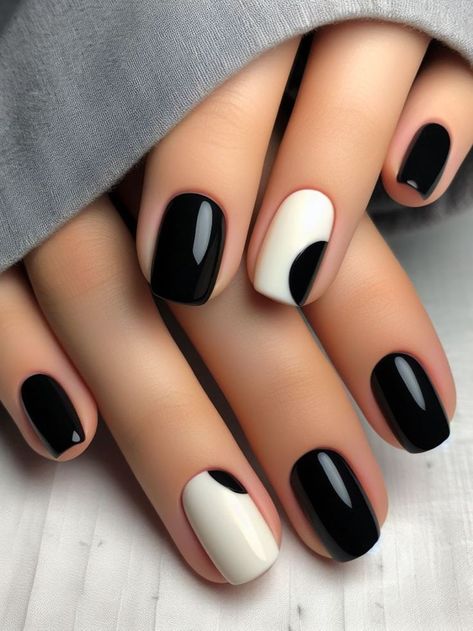 A minimalist black and white nail design with negative space accents Nail Art Accent Nail, Black Nails Minimalist, Black And White Minimalist Nails, Minimalist Nails 2024, Black With White Nails, White Black Nails Design, Black And White Nail Art Designs, Black Nails With White Design, Black Minimalist Nails