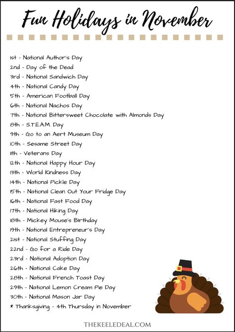 November Days To Celebrate, November Fun Holidays, November Community Events, November Activity Calendar For Seniors, November Celebrations, November National Days, National Holiday Calendar, Fun Calendar, November Events