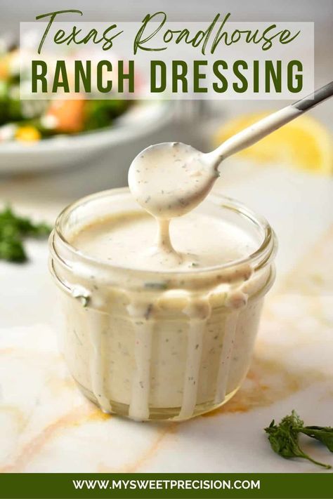 Enjoy the bold, creamy flavor of Texas Roadhouse right at home with this easy-to-follow recipe for their signature ranch dressing. This homemade condiment mixes up the tangy zest of fresh herbs with the creamy goodness of mayonnaise and sour cream. Drizzle it over your fresh garden salad or dunk your veggies in it - this Texas Roadhouse ranch recipe is downright delicious! Goat Cheese Ranch Dressing, Texas Roadhouse Onion Blossom Sauce, Texas Road House Ranch Dressing, Chilis Ranch Dressing Recipe, Texas Roadhouse Salad Recipe, Texas Roadhouse Salad, Texas Roadhouse Ranch Dressing Recipe, Hidden Valley Ranch Dressing Recipe, Texas Roadhouse Ranch Recipe