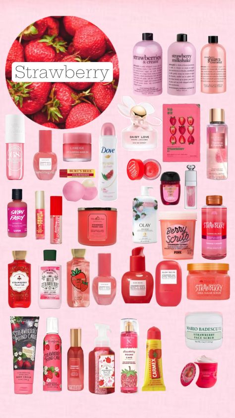 #skincare #strawberry #beauty #vibes #aesthetic #summer #makeup Strawberry Skincare Aesthetic, Body Hygiene Products Strawberry, Strawberry Products Aesthetic, Strawberry Scent Aesthetic, Strawberry Body Care Products, Strawberry Skincare Products, Strawberry Makeup Products, Strawberry Scented Products, How To Smell Like Strawberries