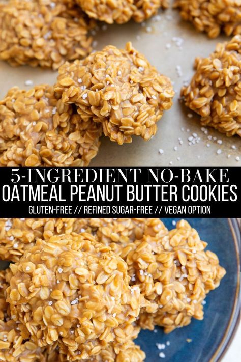 No-Bake Oatmeal Peanut Butter Cookies - Easy no-bake cookies made with 5 simple ingredients for a wholesome treat! Recipe includes options for customization so you can change it up to your personal preferences. Vegan option available! #glutenfree #vegan #nobake #peanutbutter #oatmeal Peanut Butter Honey Cookies, Healthy Peanut Butter Oatmeal Cookies, Chocolate Peanut Butter Oatmeal Cookies, Oatmeal Peanut Butter Cookies, Honey Oatmeal Cookies, Healthy No Bake Cookies, Oatmeal No Bake Cookies, Bake Oatmeal, Vegan Oatmeal Cookies