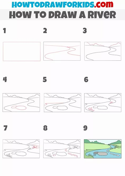 How to Draw a River - Easy Drawing Tutorial For Kids River Drawing, Landscape Art Lessons, Landscape Drawing Tutorial, Landscape Drawing Easy, Landscape Steps, Easy Drawing Steps, How To Draw Steps, Scene Drawing, Easy Drawing Tutorial