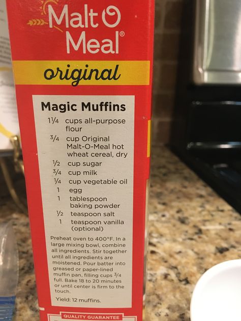 Magic Muffins Malt O Meal, Malt O Meal Muffins, Malt O Meal Recipes, Meal Muffins, Magic Muffins, Malt O Meal, Wheat Cereal, Box Recipes, Breakfast Bread