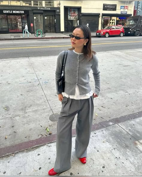 Red Ballet Flats Outfit, Outfits With Grey Cardigan, Ballet Flats Outfit, Flats Outfit, Corporate Outfits, Gray Cardigan, Grey Outfit, Cardigan Outfits, Outfit Look