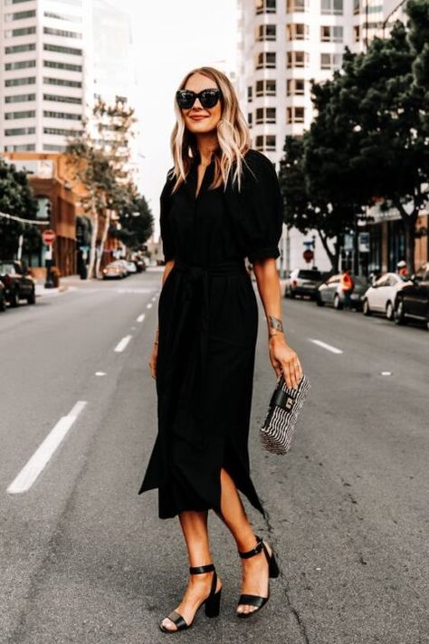 28 Casual And Simple Wedding Guest Outfits Black Sandals Outfit, Black Dress For Work, Black Puff Sleeve Dress, Black Work Dresses, Workwear Outfits, Classy Summer Outfits, Shirt Dress Summer, Heels Outfits, Fashion Jackson