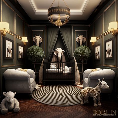 Gold And Black Nursery, Dark Modern Nursery, Moody Baby Nursery, Dark Academia Nursery, Black And Gold Nursery, Dark Nursery Ideas, Classy Nursery, Table Design Study, Moody Nursery