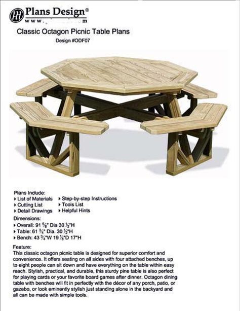 Round Picnic Table Plans Free, Octagon Picnic Table Plans, Outdoor Furniture Woodworking Plans, Picnic Table Woodworking Plans, Octagon Picnic Table, Round Picnic Table, Easy Woodworking Projects Diy, Woodworking Plans Patterns, Diy Picnic Table