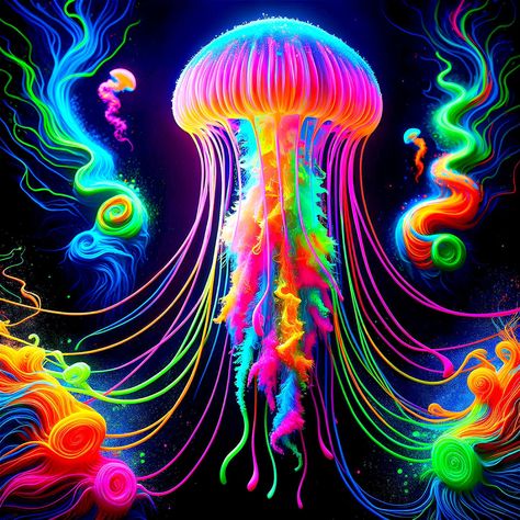 Neon Jellyfish Dance in Darkness "A vibrant, neon-colored jellyfish with flowing tentacles is set against a dark background with psychedelic swirls and patterns. Again, inspired by a piece of body art I did on my own thigh." Original artwork by @egypsianrubie Neon Jellyfish, Colorful Jellyfish, Neon Art, On My Own, Dark Background, Jellyfish, Dark Backgrounds, Art Exhibition, Aesthetic Wallpaper