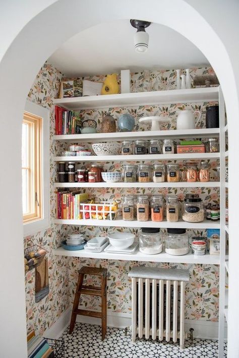 wallpapered pantry at City Spaces Pantry Wallpaper, Farmhouse Side Table, Cute Dorm Rooms, Kitchen Wardrobe, Pantry Design, Minimalist Kitchen, Farmhouse Living, Kitchen Colors, Cool Rooms