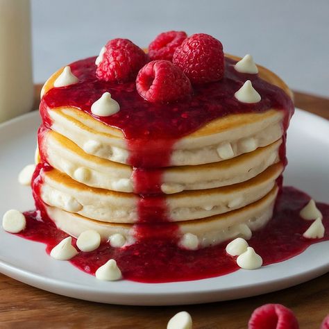 White Chocolate Pancakes + Raspberry Sauce - Instacart White Chocolate Raspberry Pancakes, Valentines Day Pancakes, White Chocolate Pancakes, Pancakes Raspberry, Raspberry Pancakes Recipe, Brekky Ideas, Dessert Pancakes, Pink Pancake, Raspberry Pancakes