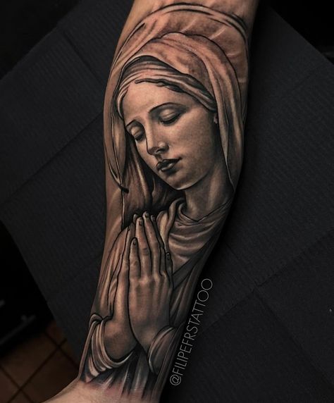 Saint Maria Tattoo, Virgin Mary Shoulder Tattoo Men, Virgin Mary Arm Tattoo, Mary Forearm Tattoo, Ave Maria Tattoo, Virgin Mary Tattoo Forearm, Mother Mary Tattoo, Virgin Mary Tattoo Design, Virgen Mary Tattoo