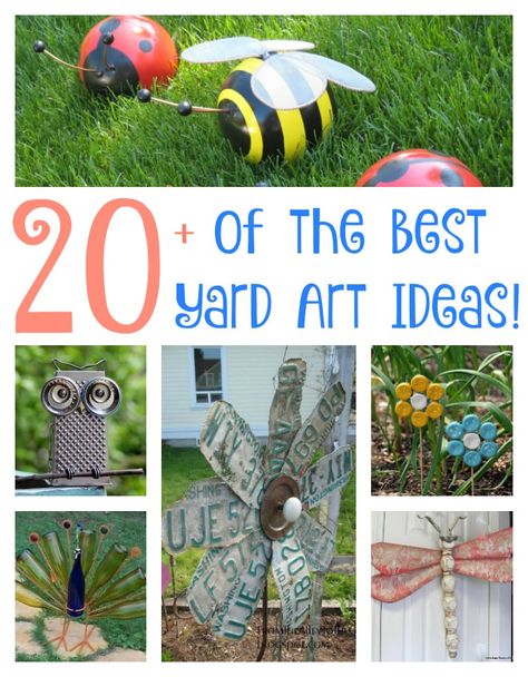 Over 20 of the BEST Yard Art Ideas from KitchenFunWithMy3Sons.com Diy Yard Art Ideas, Yard Art Ideas, Diy Yard Art, Yard Art Crafts, Yard Ornaments, Garden Crafts Diy, Glass Garden Art, Yard Project, Garden Art Sculptures Diy