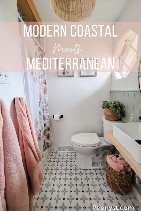 Modern Coastal Bathroom Pink Coastal Bathroom, Small Bathroom Wallpaper Coastal, Coastal Small Bathroom, Small Bathroom Wallpaper Beach, Master's Bathroom, Boho Small Bathroom, Modern Coastal Bathroom Lowe's, Master Coastal Bathroom, Black Fixtures