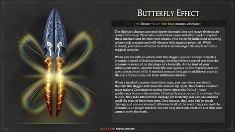 Butterfly Effect Dagger - A Free 5e Magic Item from Abyssal Brews | Tom Cartos on Patreon Dnd Resources, Butterfly Magic, Butterfly Knife, Butterfly Effect, Cause And Effect, Printable Cards