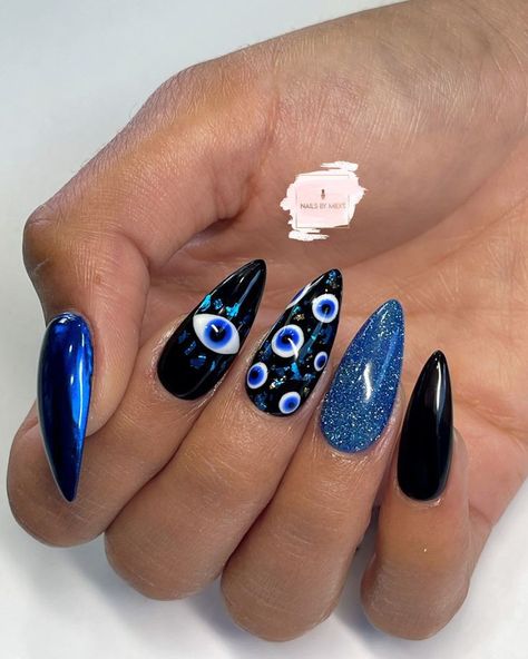 Hades Nails Art, Blue And Black Halloween Nails, Gen Z Nail Art, Black Evil Eye Nails, Hamsa Nails, Chrome Glitter Nails, Evil Eye Nails Design, Blue Halloween Nails, Evil Nails