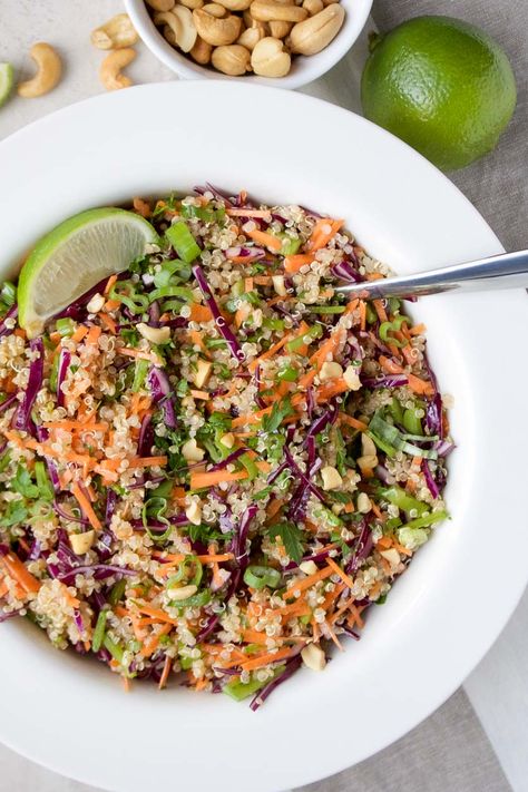 Make-Ahead Asian Quinoa Salad - Stephanie Kay Nutrition Kay Nutrition, Asian Quinoa Salad, Asian Quinoa, Quinoa Salads, Make Ahead Salads, Leafy Green Salads, Salad Meal Prep, Vegetarian Cabbage, Dairy Free Diet