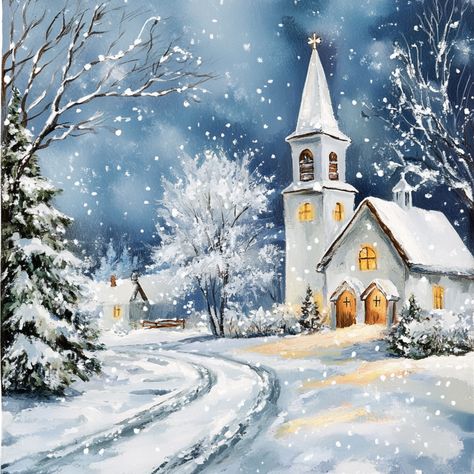 Winter White Church with Glowing Lights Sign TTE-008 Metal 10" x 10" White/Grey/Brown/Green/Blue White Christmas Painting, Christmas Church Painting, Christmas Winter Scenes, Painting Churches On Wood, Winter Chapel Painting, Christmas Barn Painting Lowe's, Snow On Trees Painting, Train Artwork, Watercolour Winter