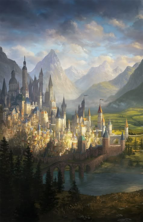 Fantasy Kingdom Cities, Kingdom Illustration, Elven City, Board Illustration, Fantasy Cities, Fantasy Locations, Fantasy Kingdom, Fantasy Worlds, Fantasy City