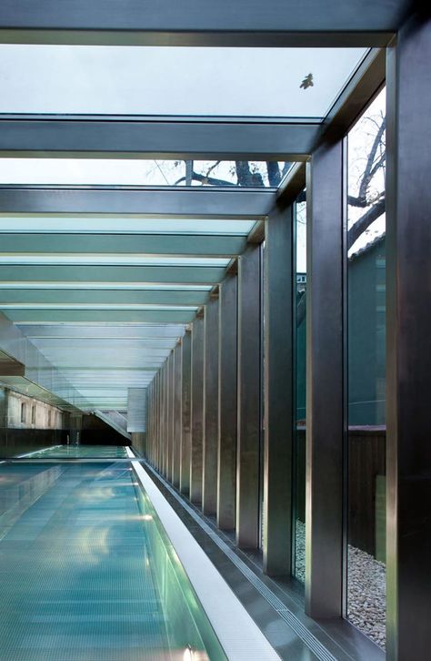 I/O architects, Missirkov & Bogdanov · Swimming pool / terrace addition to a historic building Swimming Pool Terrace, Swimming Pool Renovation, Glass Walkway, Water Mirror, Pool Terrace, Pool Pavilion, Piscina Interior, Indoor Pools, Pool Water Features