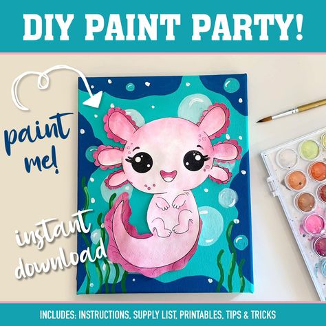 Axolotl Painting Ideas, Axolotl Art Project, Axolotl Birthday Party Ideas, Axolotl Theme Birthday, Axolotl Party Ideas, Axolotl Painting, Axolotl Canvas Painting, Axolotl Birthday Party, Birthday Paint Party