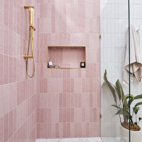 Pink Ensuite, Pink Bathroom Tiles, Bathroom Feature Wall, Pink Toilet, Pink Tile, Pink Showers, Master Ensuite, Wall Niche, Decor Studio